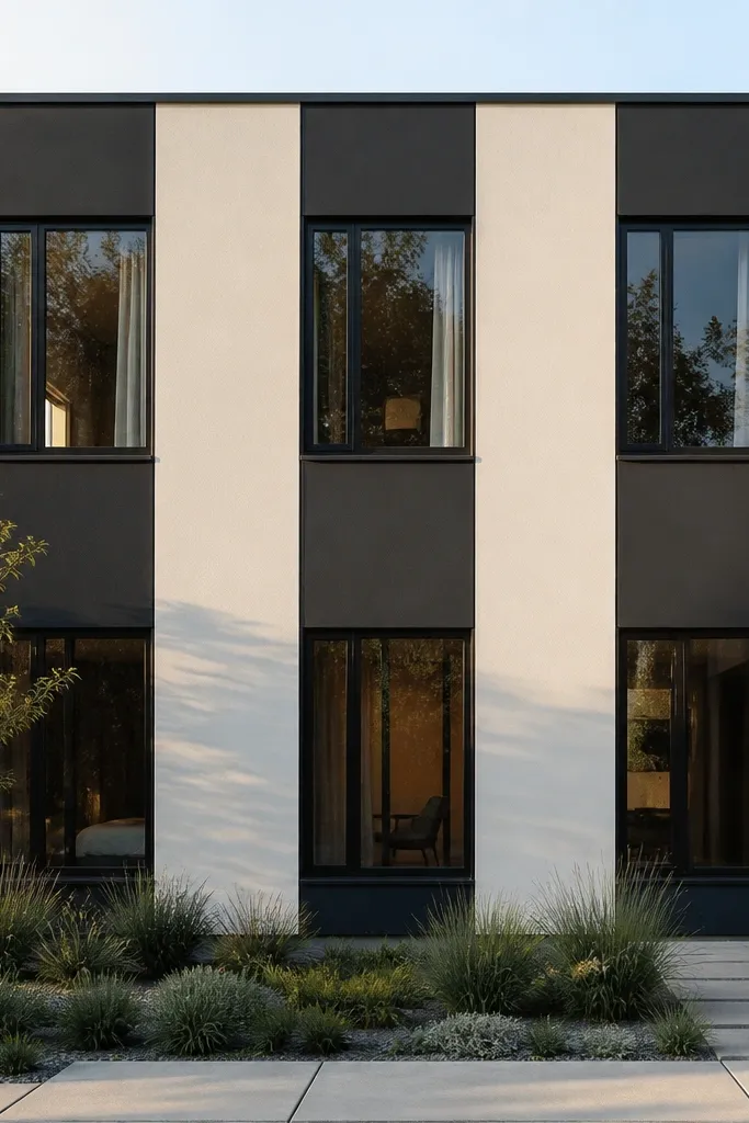 Two-story facade with alternating dark and light vertical stripes aligned to windows