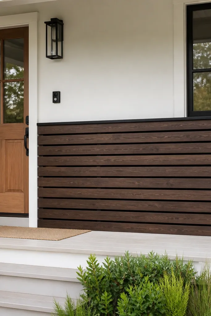 Modern porch with half-height vertical slat wainscot and clean painted trim