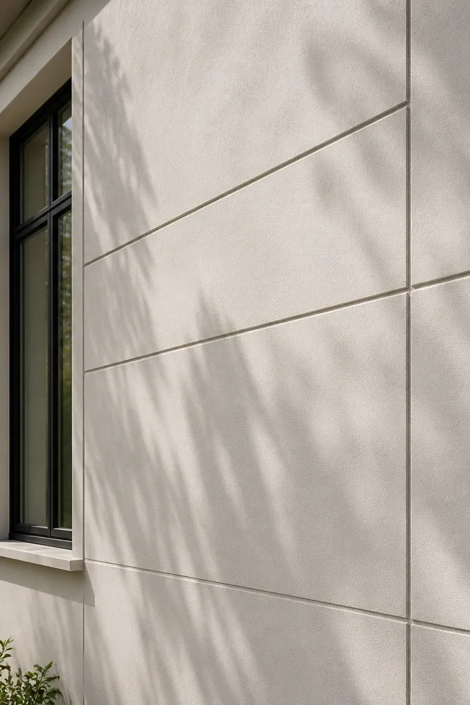 Light stucco facade with thin recessed lines forming modern panel sections