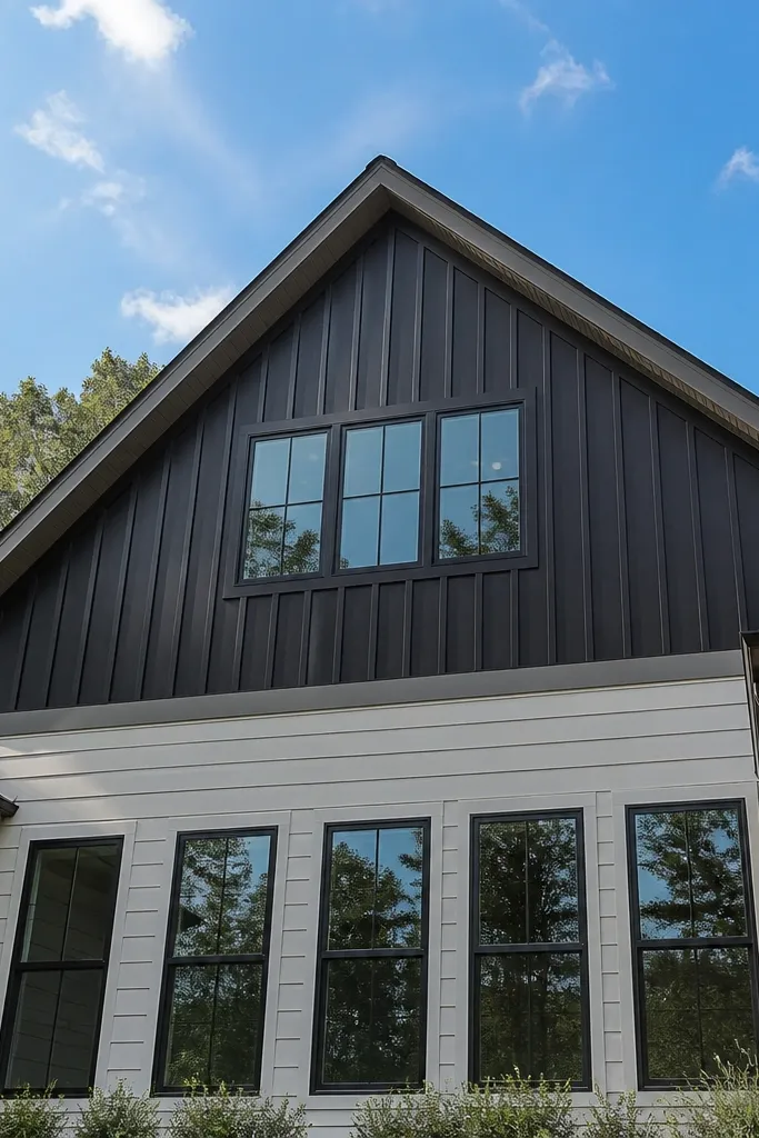 Charcoal board-and-batten gable with light field walls and crisp trim lines