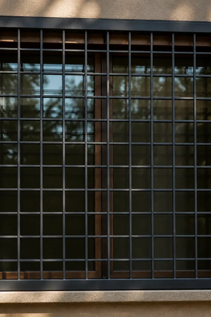 Matte black window grill with thin outer frame and evenly spaced square grid