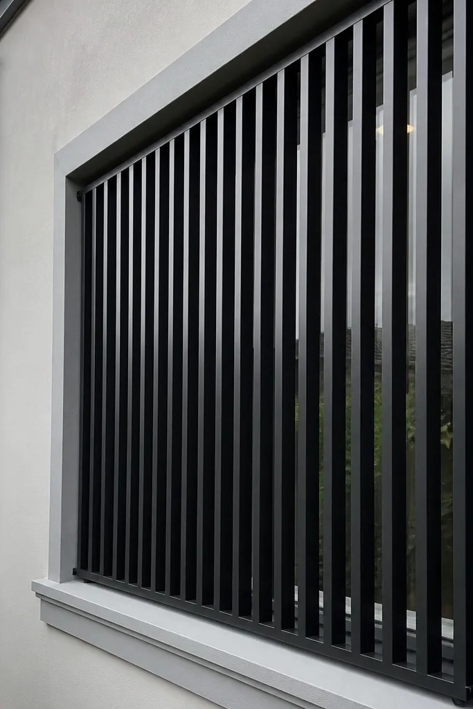 Black window grill with vertical bars and subtle equal spacing