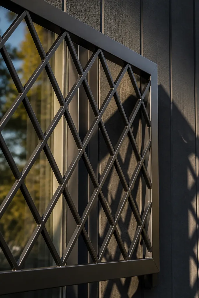Black window grill with diagonal diamond pattern inside a rectangular frame