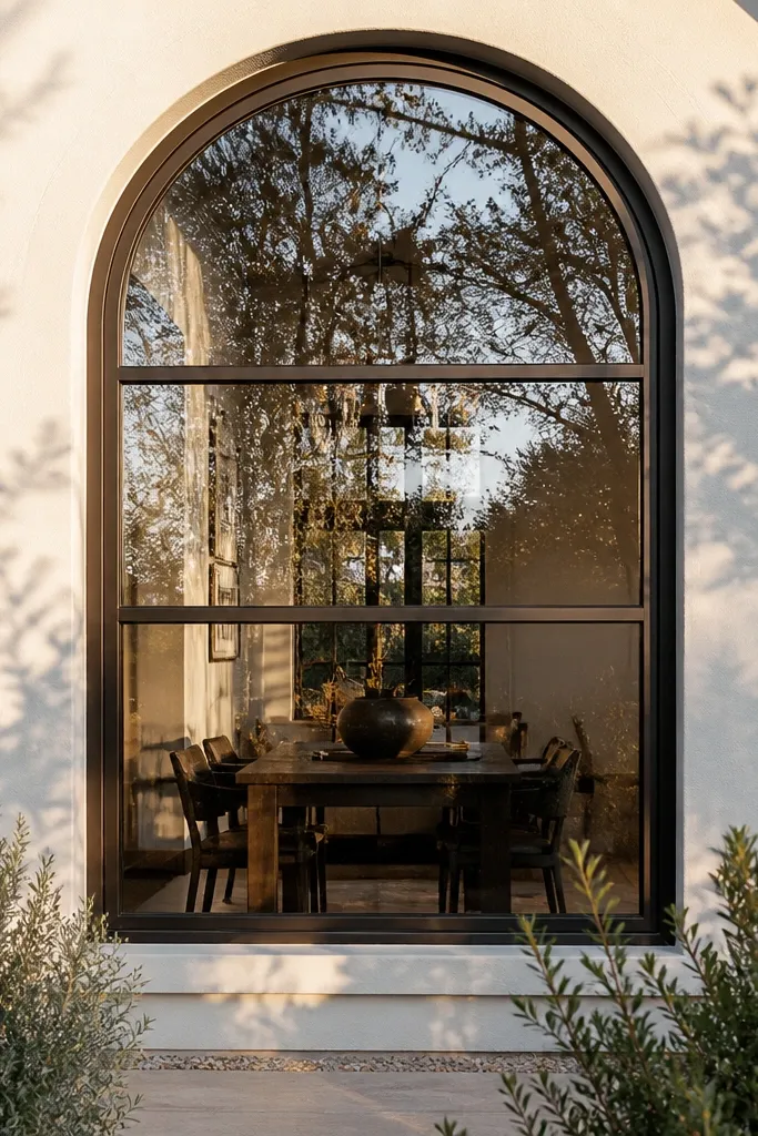 Modern window grill with arched top frame and straight horizontal bars