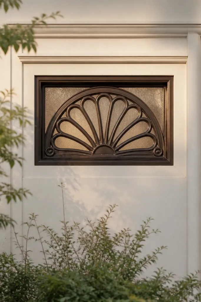 Black window grill with a centered fan pattern made of half-round arcs