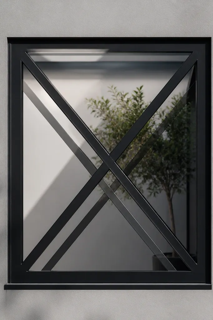 Black window grill with large X shapes and a small center cross