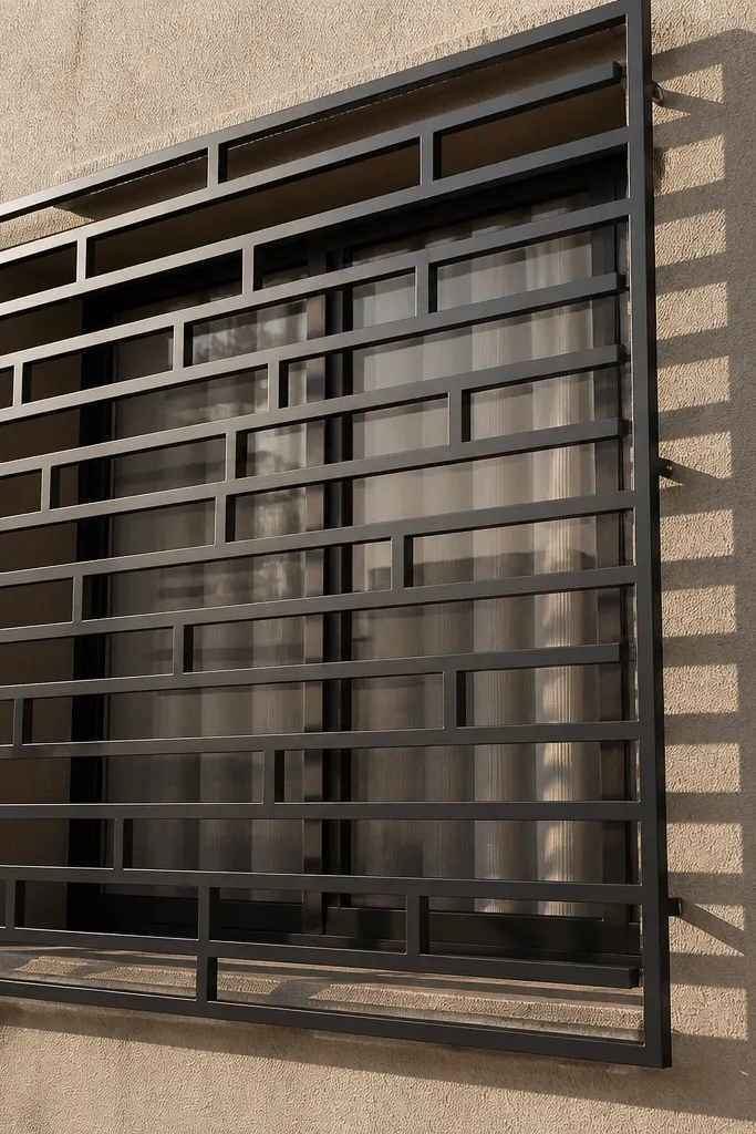 Modern window grill with staggered rectangles instead of squares
