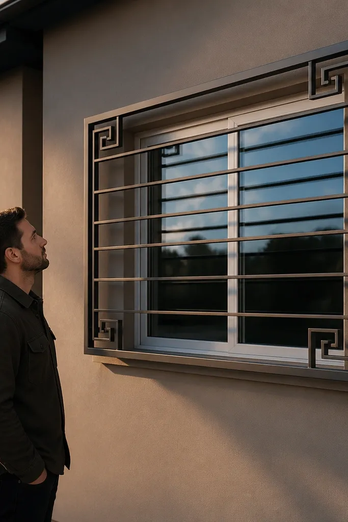Window grill with open loop corners and straight bars in the center