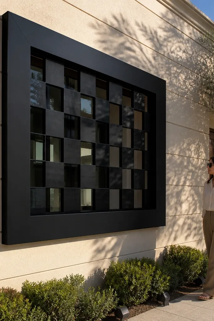Window grill with alternating filled squares and a thick outer border