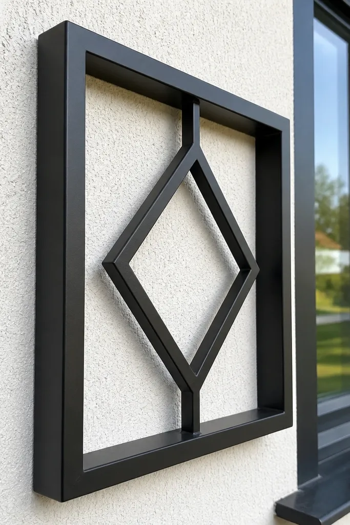 Window grill with C-channel outer frame and centered diamond pattern