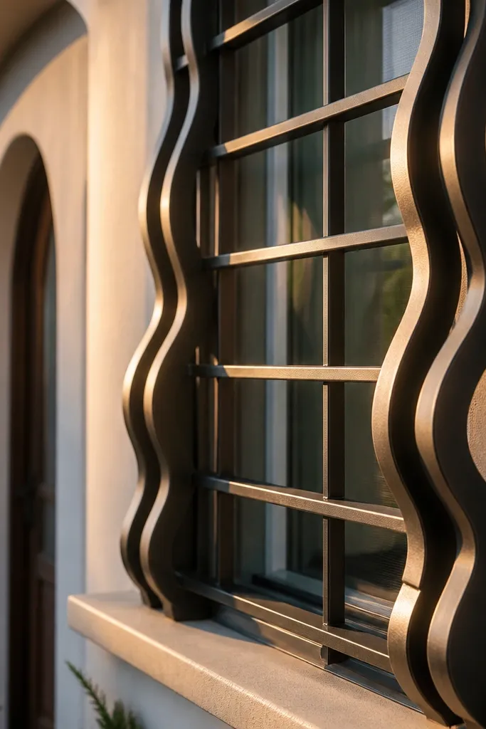 Window grill with wavy side edges and straight horizontal bars