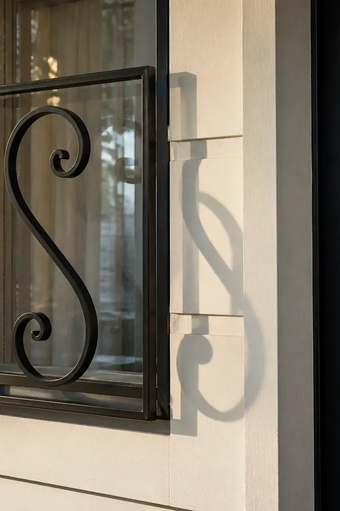 Black window grill with an S-shaped center scroll and rectangular border