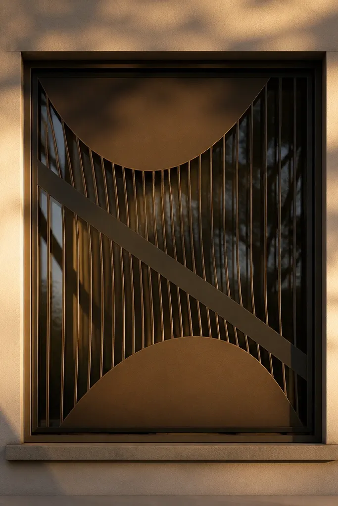 Window grill with half-moon shapes at top and bottom and a diagonal center band