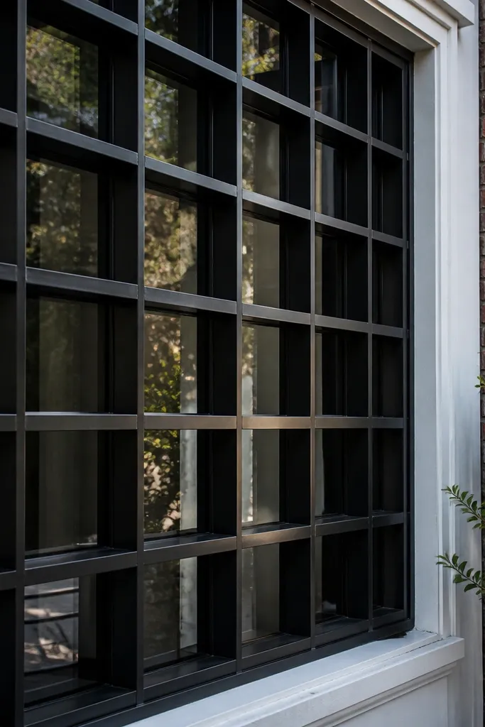 Black window grill with modular box-shaped cells across the panel