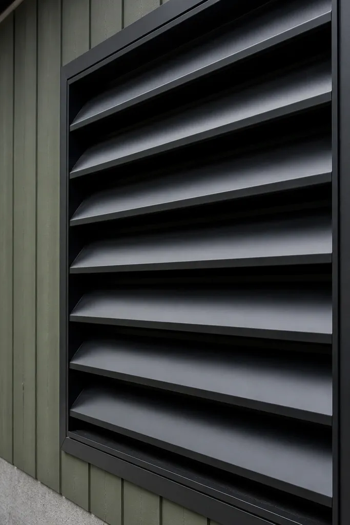 Window grill with alternating angled bars like a modern louver