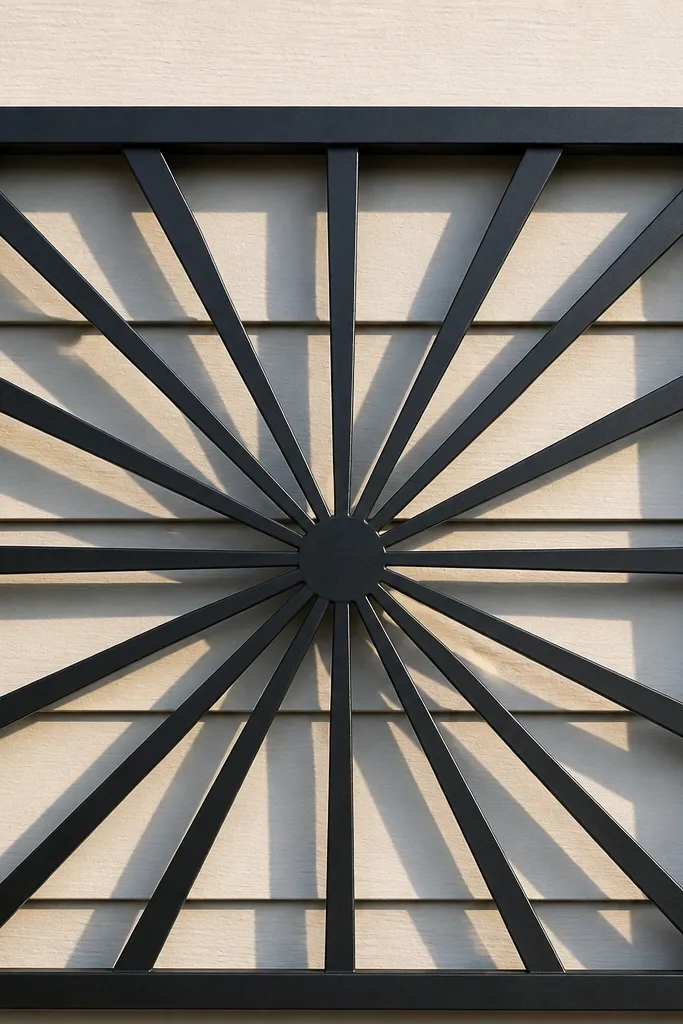 Window grill with sunburst style bars radiating from center