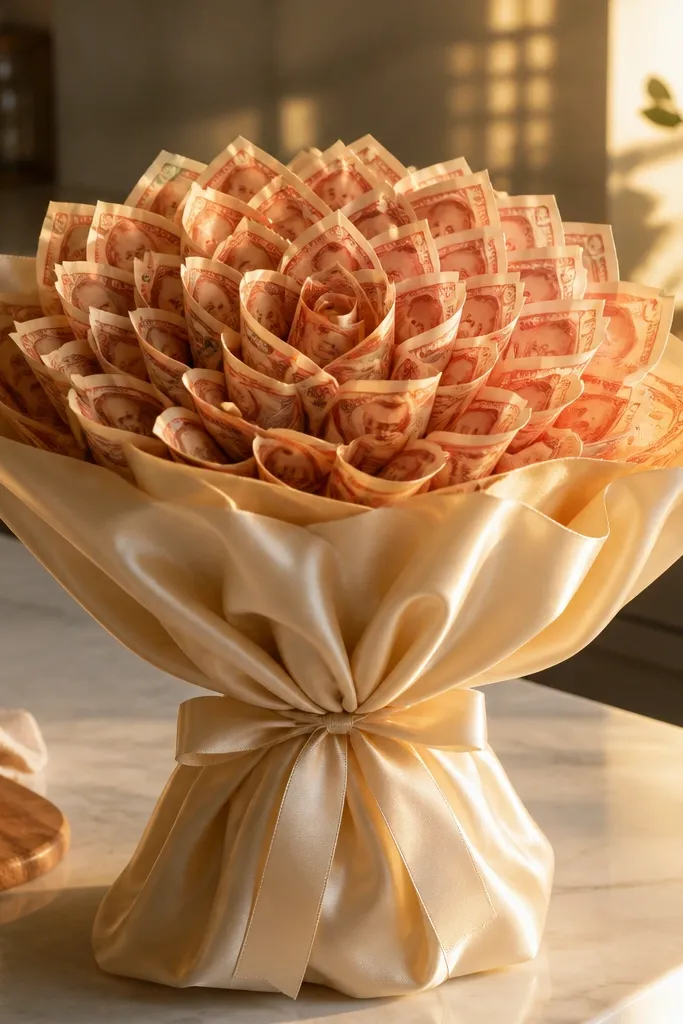 Rolled money roses in soft champagne tones with cream ribbon around stems