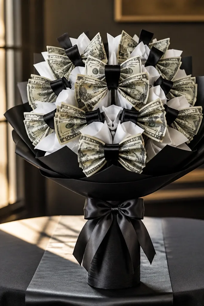 Black money bows tied on stems with white ribbon accents
