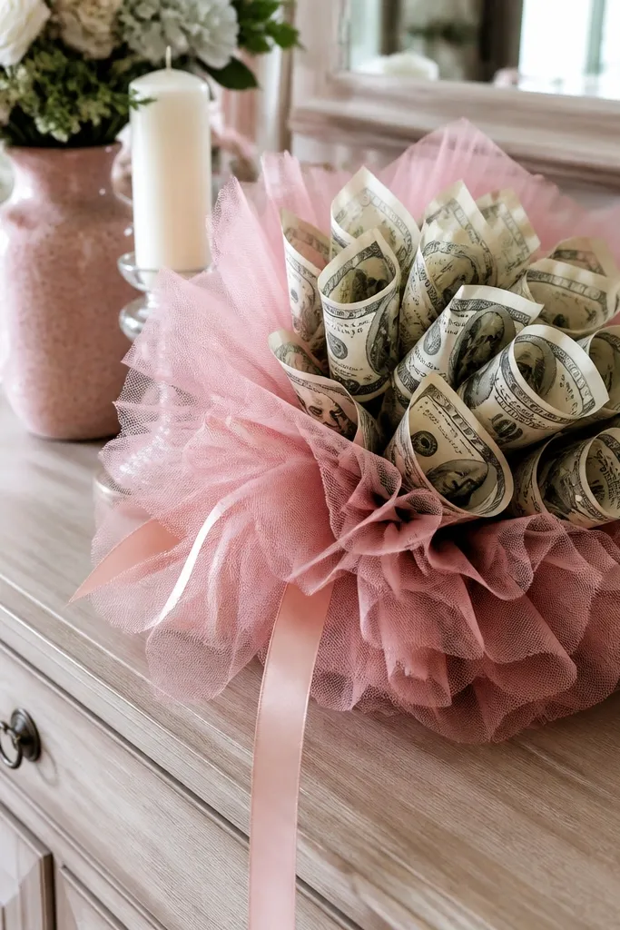 Dusty pink bouquet with tulle layers and curled money petals on stems