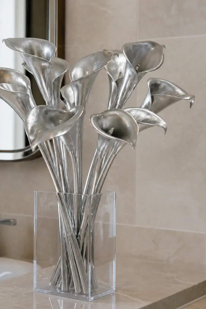 Silver money calla-like stems with white ribbon and clean monochrome wrap
