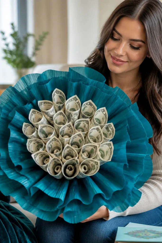 Teal crepe paper fans with money pieces mounted like layered petals