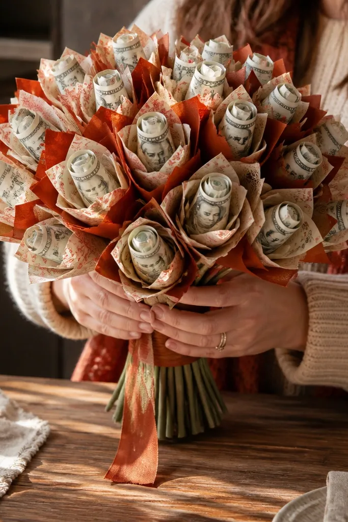 Rust and ivory lollipop-style money clusters on sticks with ribbon