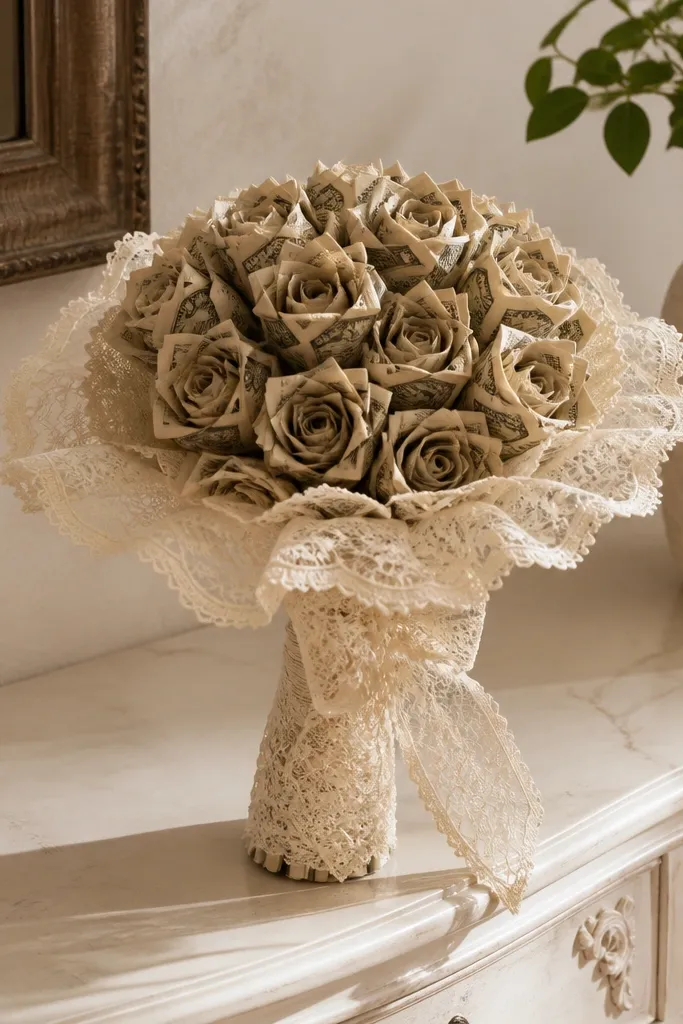 Money flower bouquet with a cream lace collar around the stem base