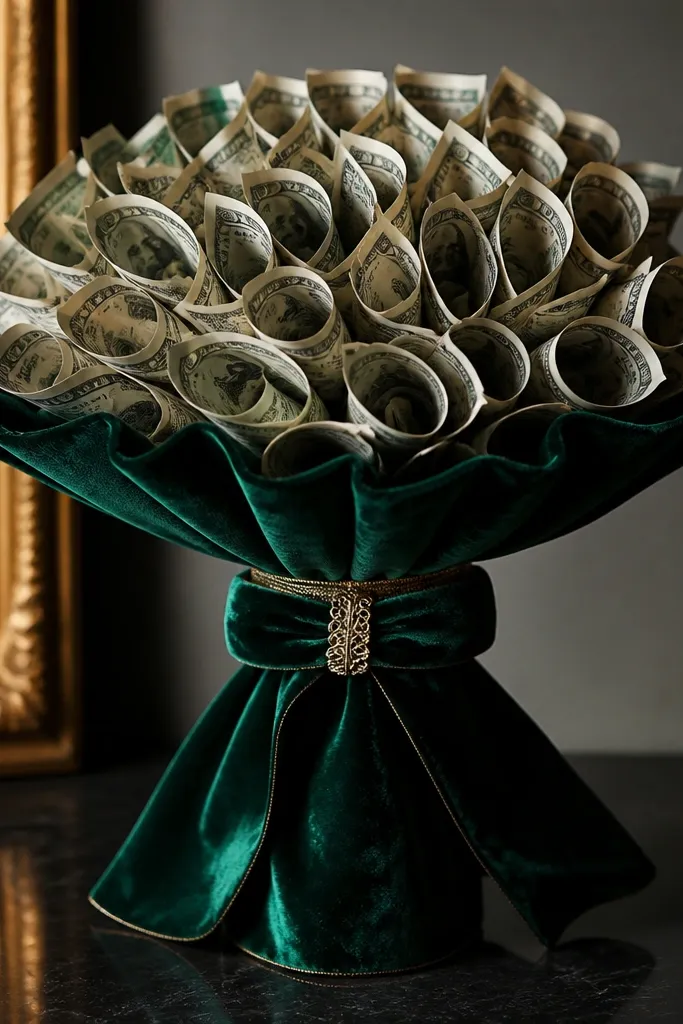 Green money bouquet wrapped with emerald velvet ribbon and gold accents