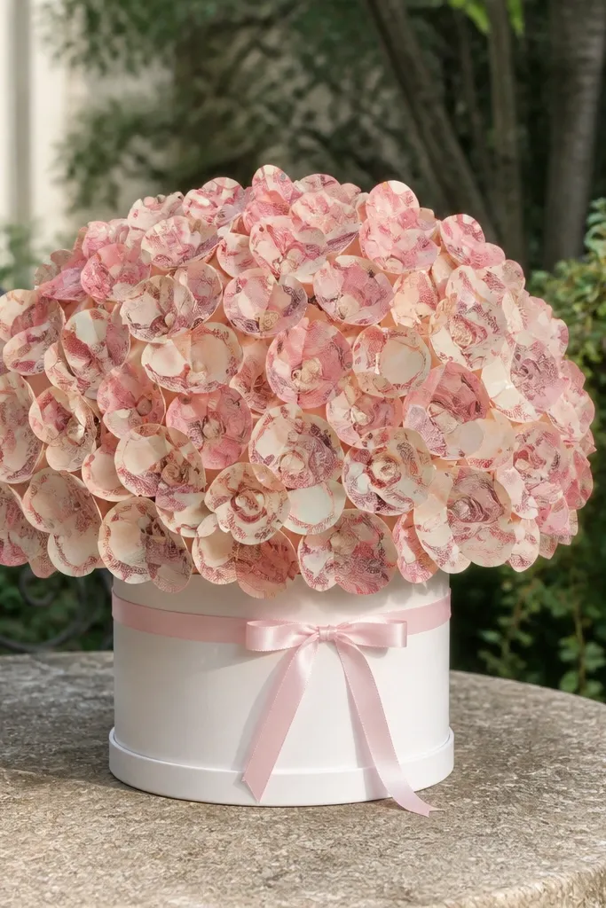 Blush hydrangea-style bouquet made from many small money circles on stems
