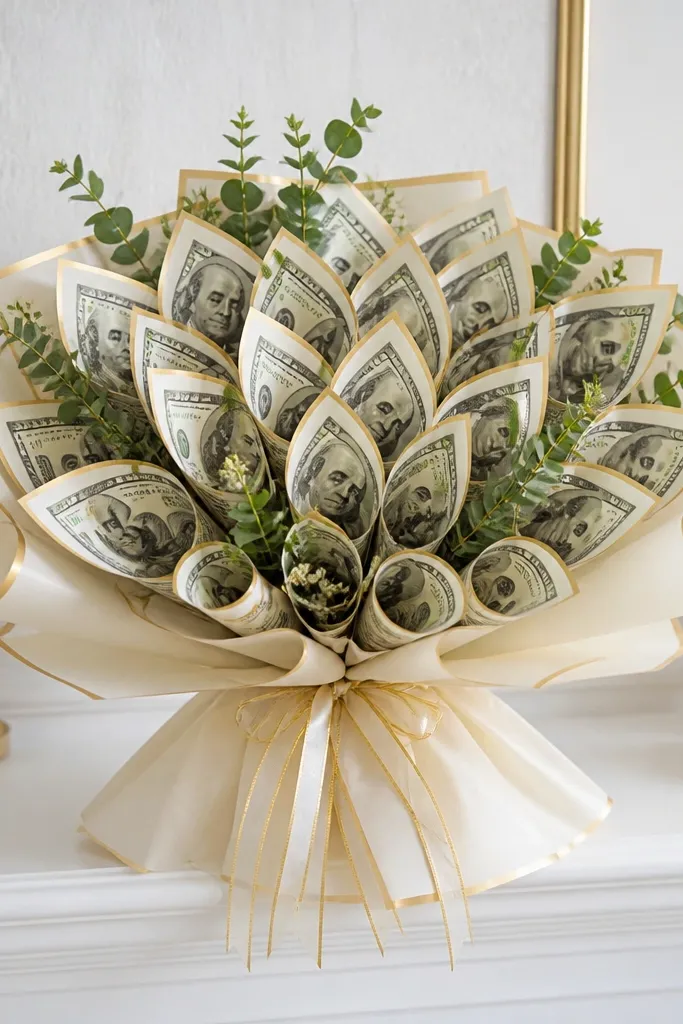 Money petals with gold-edged cardstock backing and gold ribbon stems