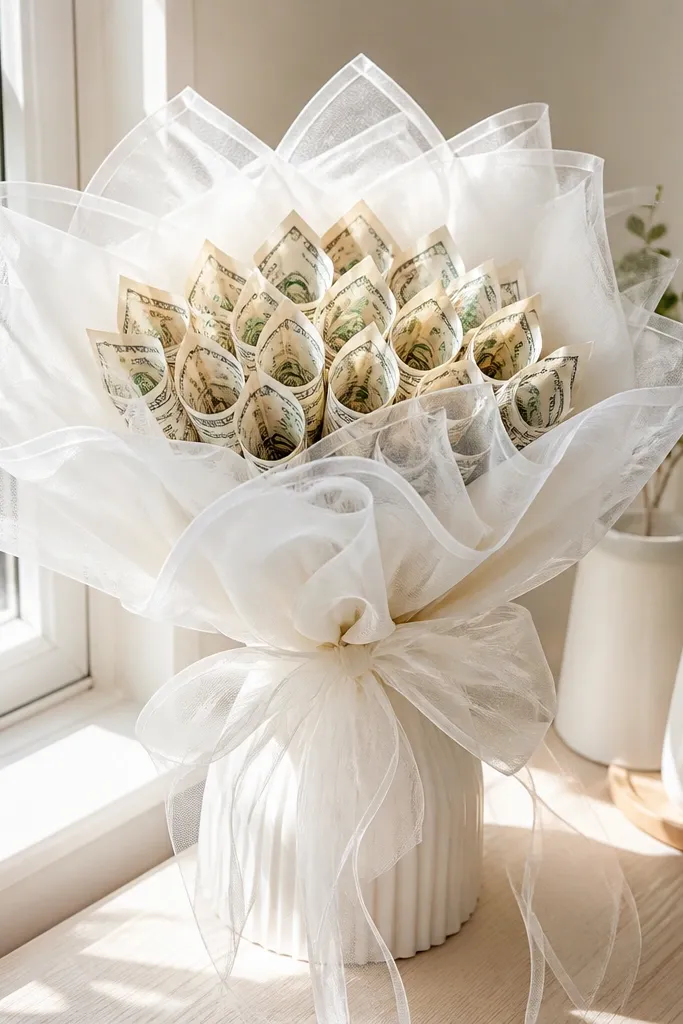 White organza layers with curled money petals and satin ribbon collar