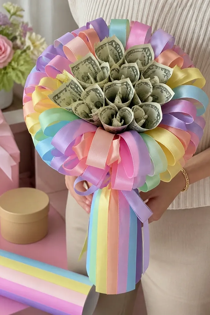 Pastel rainbow ribbon wrapped stems with layered money petals