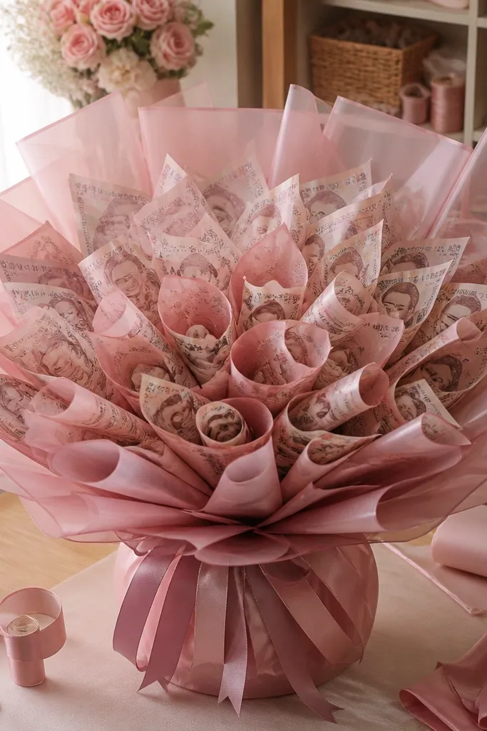 Pink rose-quartz tones with money petals and translucent paper layers