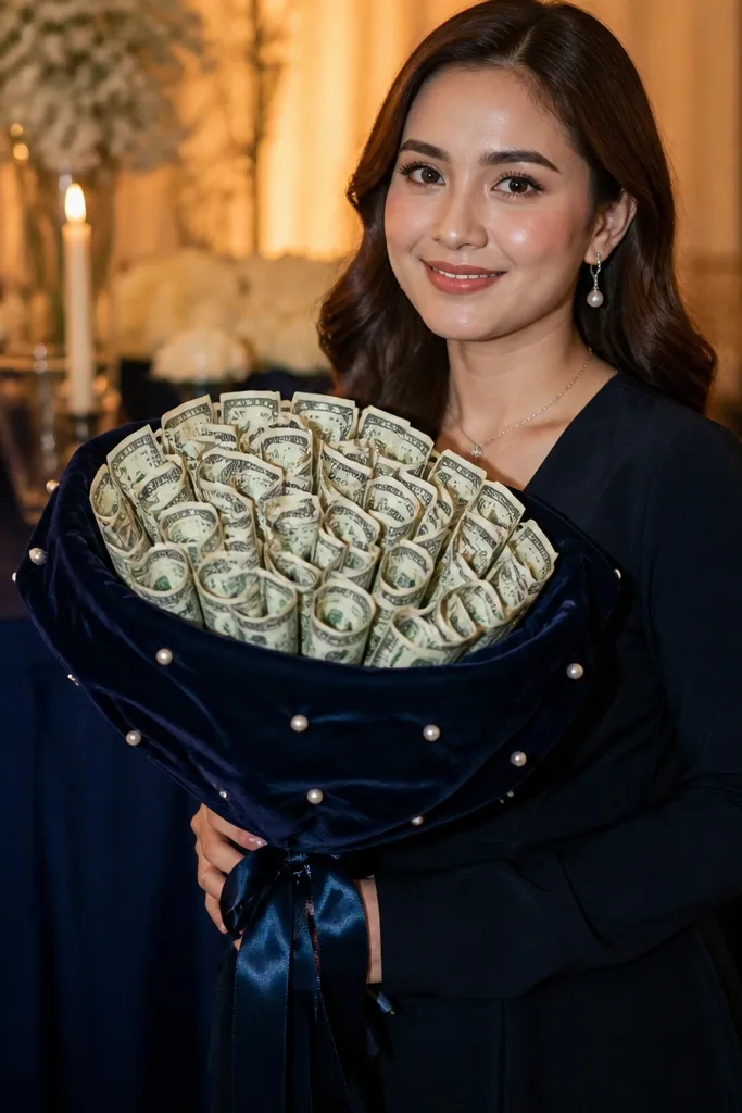 Navy money bouquet with velvet stem wrap and small pearl-like dots