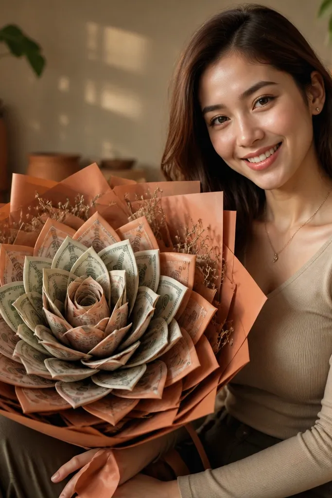 Terracotta stacked rose money bouquet with layered paper and satin wrap