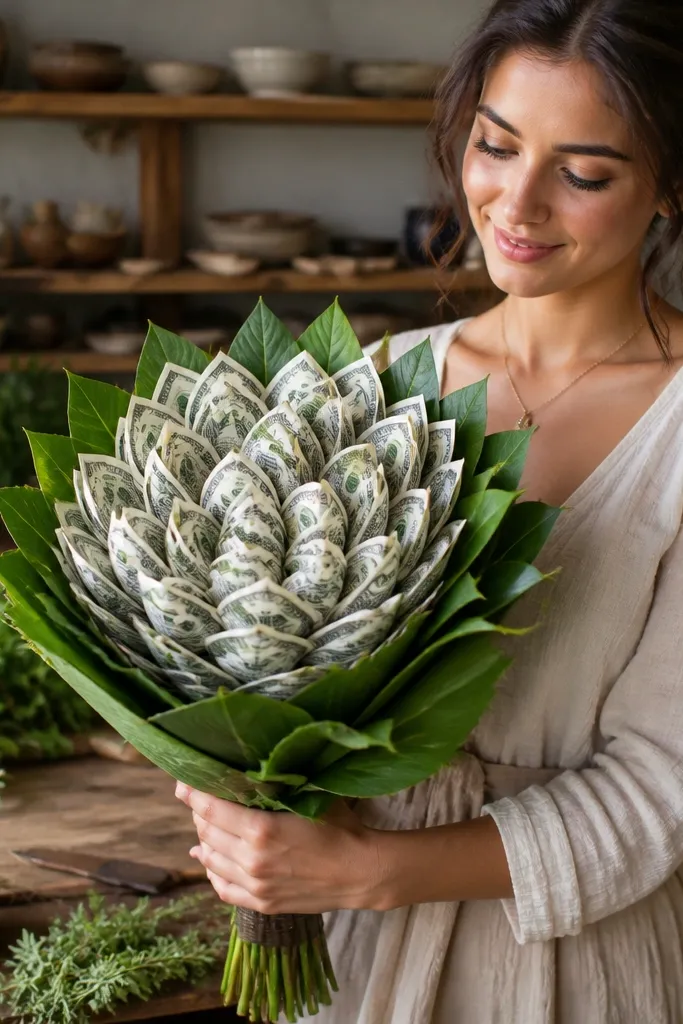 Money bouquet with fake green leaves framing curled bills and a simple ribbon collar