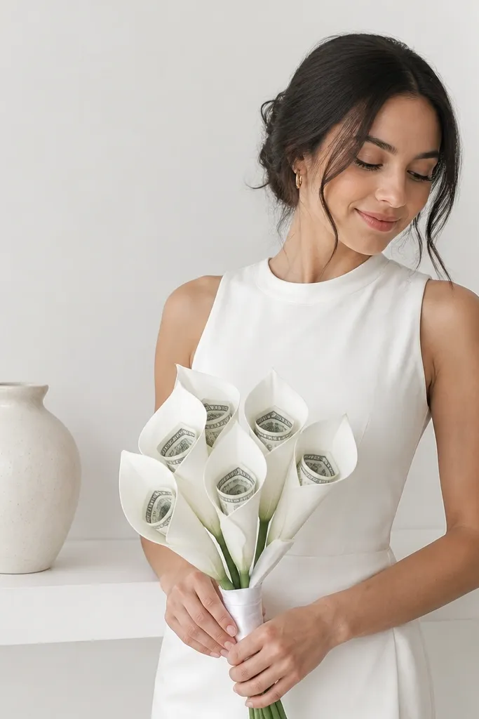 Minimal white money bouquet with satin ribbon and neatly spaced curled petals