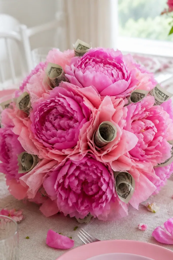Pink peony-style bouquet with money petals and fluffy tissue layers