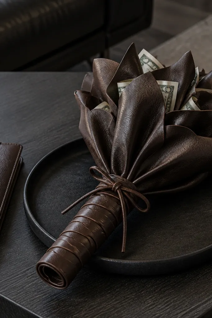 Brown leather-look wrap around money bouquet stems with cream ribbon details