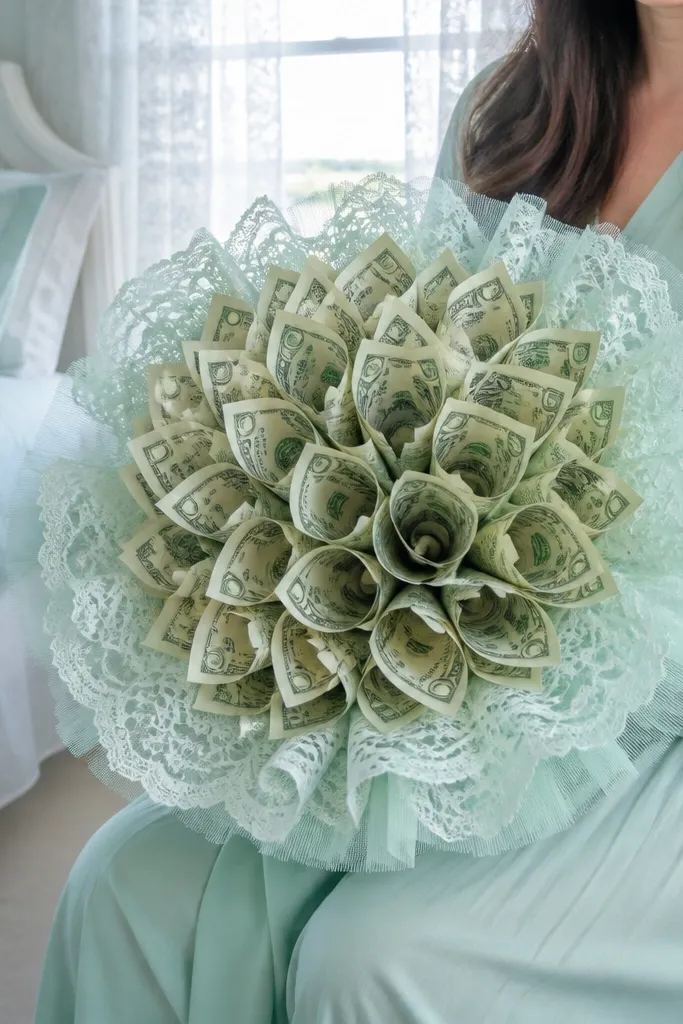 Seafoam money bouquet with lace trim and airy tulle layers