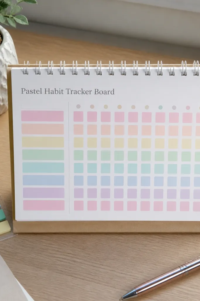 Pastel habit tracker grid with checkboxes and a weekly streak row