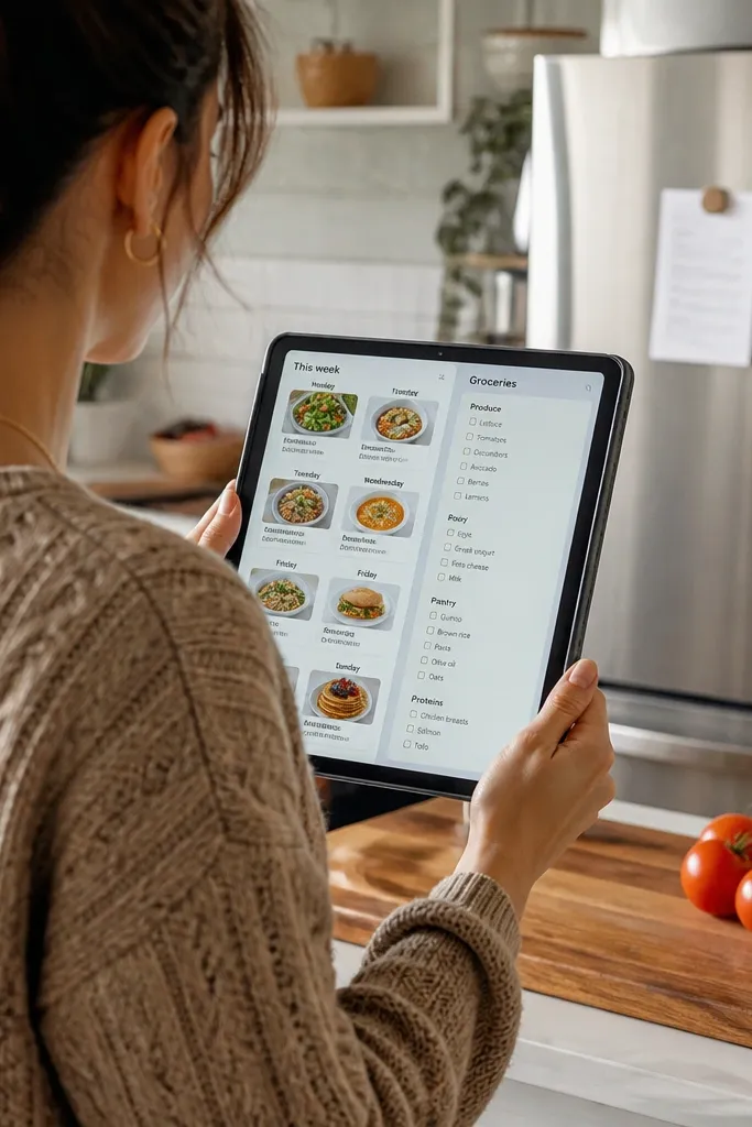 Weekly meal calendar with meal cards and a grocery list panel