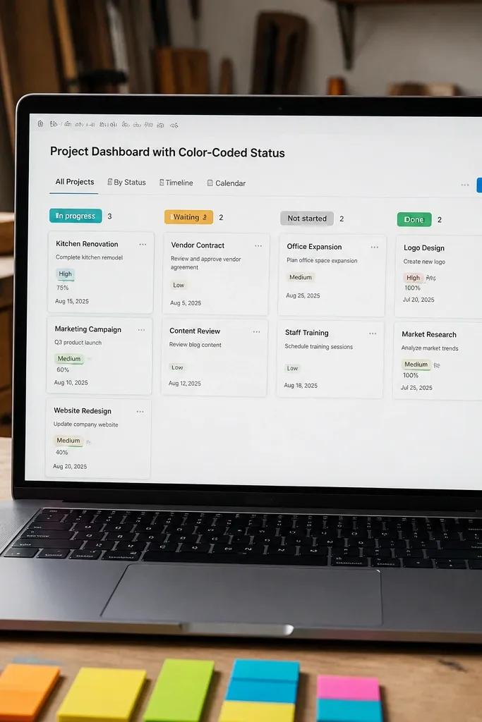 Project cards with colored status labels and a dashboard header