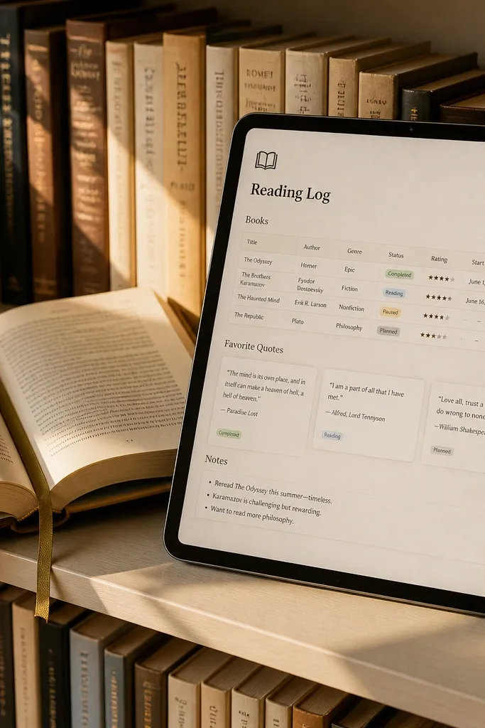 Book log table with covers, progress bar, and quote cards