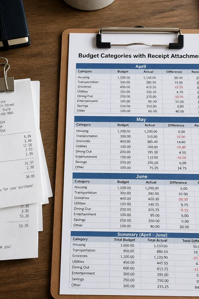 Budget categories list with a receipt upload column and monthly totals