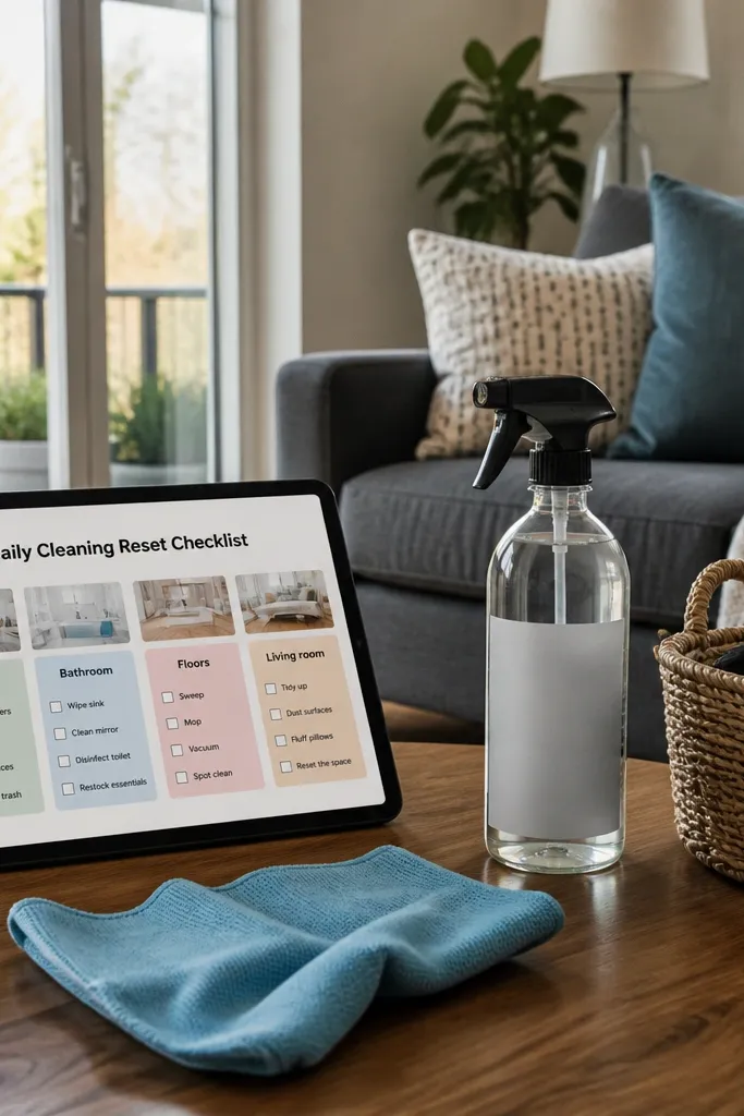 Daily checklist cards with small room icons and checkboxes