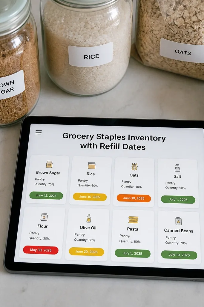 Inventory cards for pantry items with stock levels and refill dates