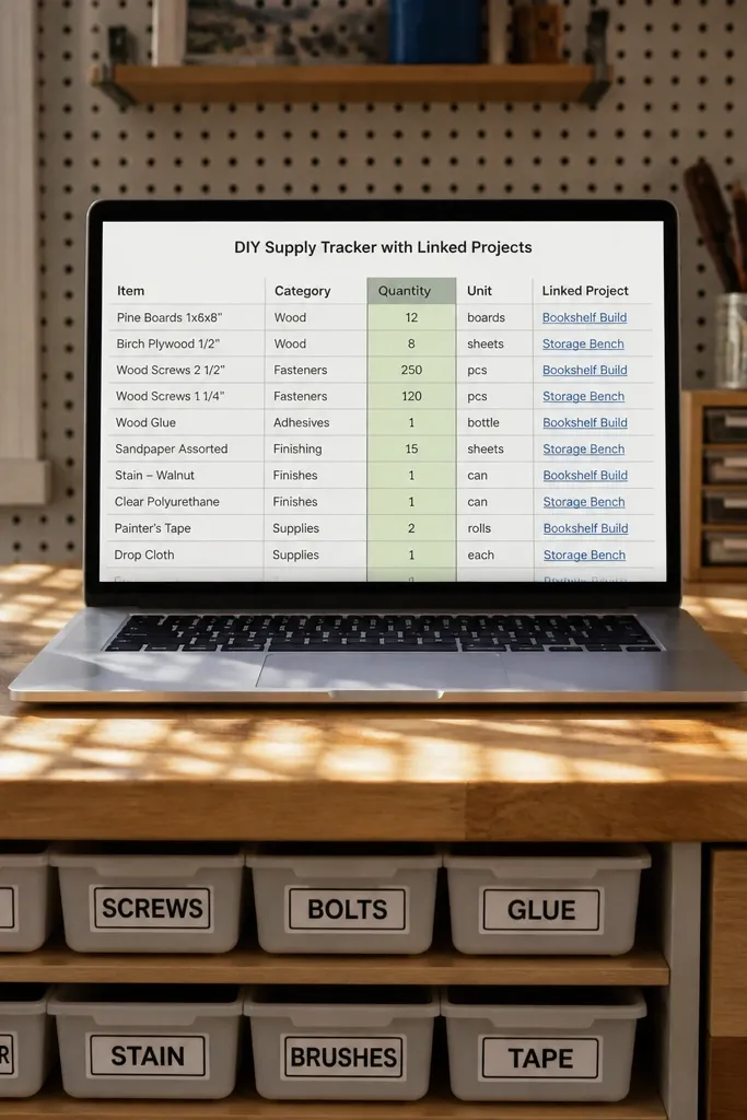 DIY supply list connected to project cards with quantity and status