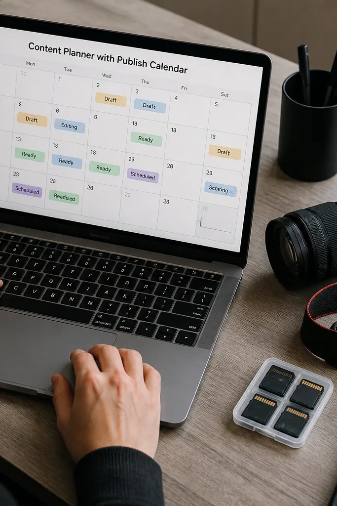 Content publish calendar with post cards and status tags