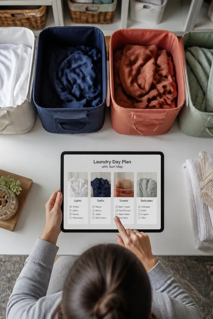 Laundry plan page with sorting categories and a timed checklist
